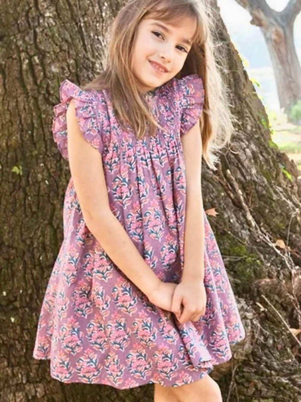 Pink Chicken Girl's Stevie Smocked Dress in Lavender Posey Block Print Size 8Y